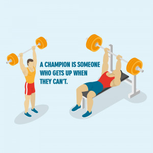 Isometric illustration of two weightlifters, one lifting a barbell overhead and the other bench pressing, with motivational text.