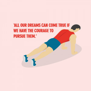 Illustration of a man doing a push-up with motivational quote.