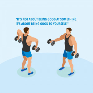Illustration of a man doing dumbbell exercises with a motivational quote.
