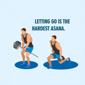 Illustration of a man struggling with a barbell, representing the difficulty of letting go.