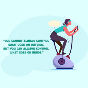 Illustration of a woman exercising on a stationary bike with a motivational quote.