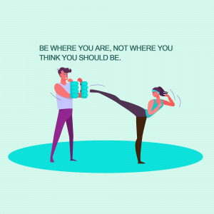 Illustration of a man balancing blocks on his arms while a woman performs a kick, with motivational text.