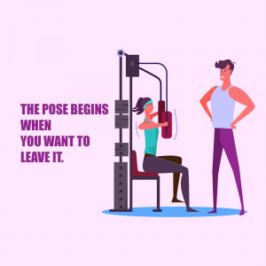 Illustration of a woman working out on a gym machine with a man standing nearby, motivational text overlayed.