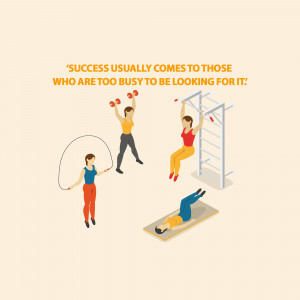 Isometric illustration of people exercising with a motivational quote.