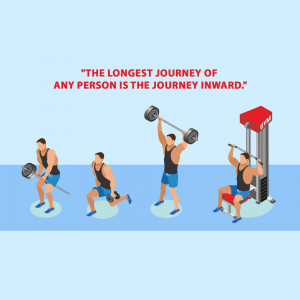 Illustration of a man progressing through weightlifting exercises with a motivational quote.