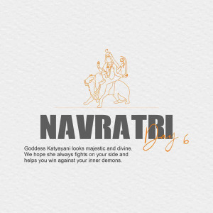 Illustration of Goddess Katyayani riding a tiger with the text 'Navratri Day 6'