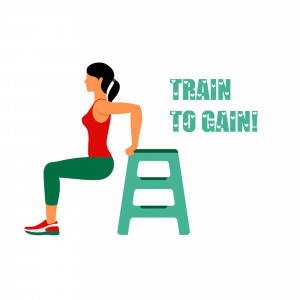 Illustration of a woman performing tricep dips using a chair.