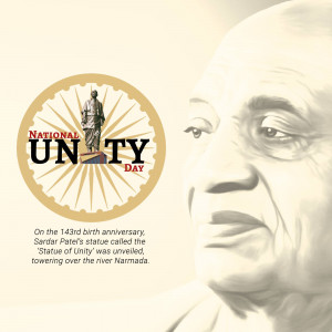 Image commemorating National Unity Day with the Statue of Unity and a portrait of Sardar Vallabhbhai Patel.