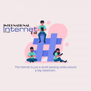 Illustration depicting people using devices with a hashtag symbol in the background for International Internet Day.