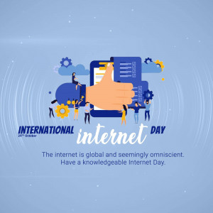 Illustration celebrating International Internet Day with people working around a phone and a thumbs up.