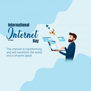 Illustration of a man using a laptop with a rocket launching from the screen, celebrating International Internet Day.