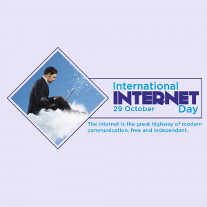 Image commemorating International Internet Day with a man using a laptop on clouds.