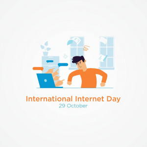 Illustration depicting a frustrated person overwhelmed by internet notifications and information overload on International Internet Day.