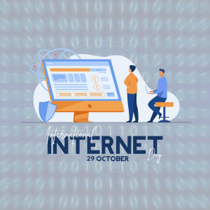 Illustration depicting people working on a computer with a shield and binary code background for International Internet Day.