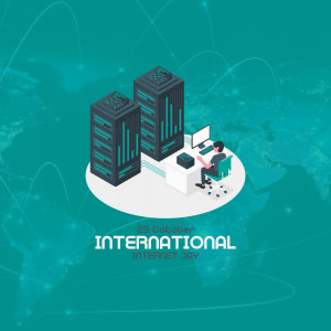 Isometric illustration of a person working in front of servers with a world map background for International Internet Day.
