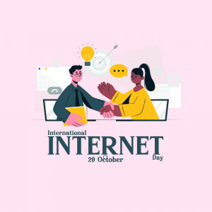Illustration of two people shaking hands with a lightbulb and target in the background, celebrating International Internet Day.