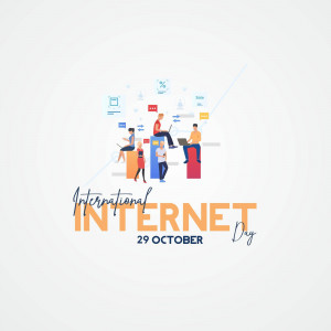 Illustration depicting people using technology with the text 'International Internet Day - 29 October'