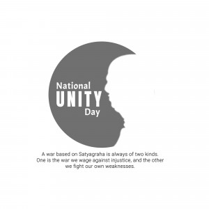National Unity Day poster with a silhouette of Gandhi's face forming a crescent moon.