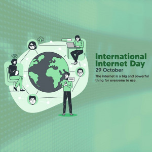 Illustration depicting people connected to the internet around a globe, celebrating International Internet Day.