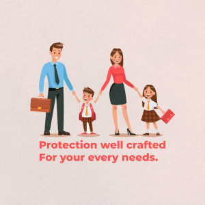 Illustration of a family - father, mother, son, and daughter - representing insurance protection.