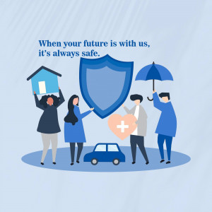 Illustration depicting insurance and financial security with people, a house, a shield, and an umbrella.