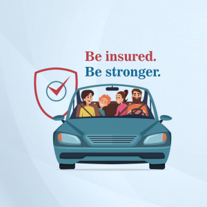 Illustration of a family in a car with a shield symbol, promoting car insurance.