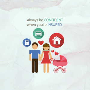 Illustration of a family with icons representing home, car, and security insurance.