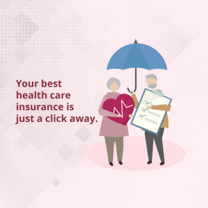 Illustration of an elderly couple under an umbrella with a heart-shaped health monitor and insurance checklist.