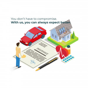 Isometric illustration depicting various aspects of insurance coverage - car, home, health, and financial documents.