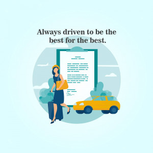 Illustration of a woman with luggage and a taxi, representing travel planning and striving for the best.