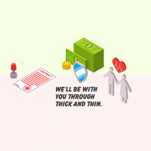 Isometric illustration depicting financial security and health insurance with a contract, money, shield, and people.