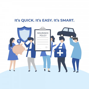 Illustration depicting various aspects of insurance coverage - car, health, and savings.
