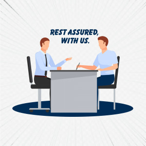 Two businessmen discussing a contract with the text 'Rest Assured, With Us.'