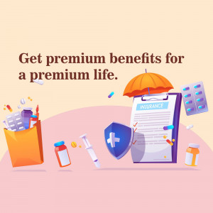 Illustration of health insurance benefits with pills, a syringe, a medical clipboard, and a shield under an umbrella.