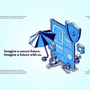Isometric illustration of a smartphone with a shield and umbrella, representing data security and protection.