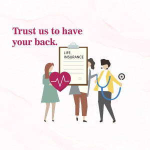 Illustration of doctors and patients with a life insurance clipboard and heart monitor.