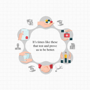 Illustration depicting various aspects of healthcare support and community resilience in a circular arrangement.