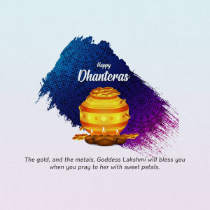 Dhanteras greeting with a golden pot, diyas, and a blue and purple brushstroke background.