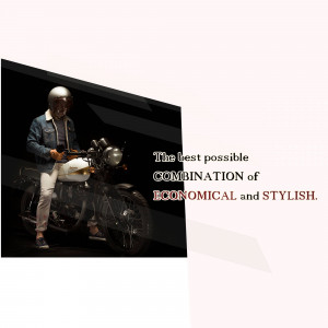 Man on a vintage motorcycle wearing a denim jacket and helmet