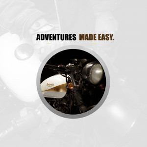 Close-up of a Royal Enfield motorcycle with the text 'Adventures Made Easy'