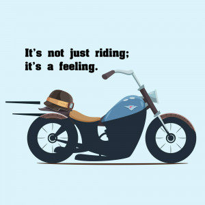 Illustration of a blue and black motorcycle with a helmet on the seat and motion lines, with text 'It's not just riding; it's a feeling.'