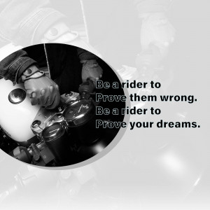 Close-up of a person's hands on motorcycle handlebars with motivational text.
