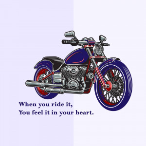 Illustration of a dark blue and red motorcycle with text 'When you ride it, You feel it in your heart.'