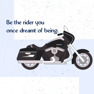 Illustration of a black motorcycle with a motivational quote.