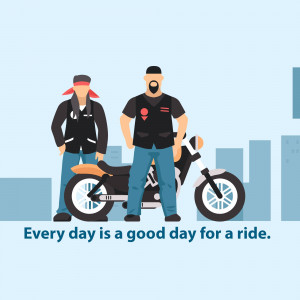 Illustration of two motorcycle riders standing with their bike.