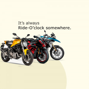 Three BMW motorcycles parked together with text 'It's always Ride-O'clock somewhere.'