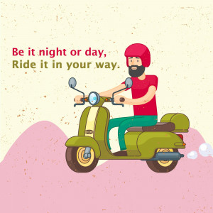 Illustration of a man riding a vintage scooter over a hill.