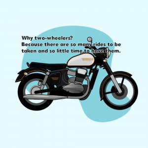 Illustration of a classic motorcycle with a humorous text overlay.