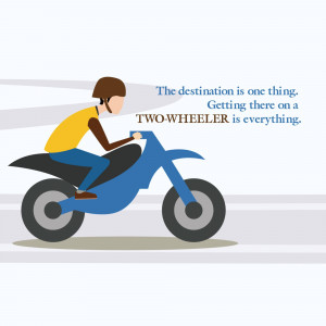 Illustration of a person riding a blue motorcycle.