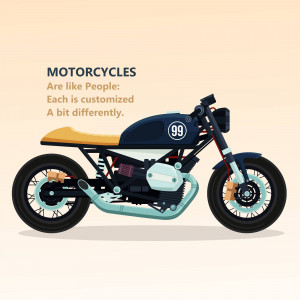 Illustration of a classic cafe racer motorcycle with text 'Motorcycles are like people: Each is customized a bit differently.'